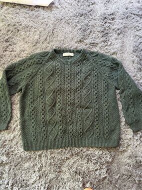 Athena Designs Irish Handkniz PURE WOOL Vintage Dark Green Cable Knit Sweater